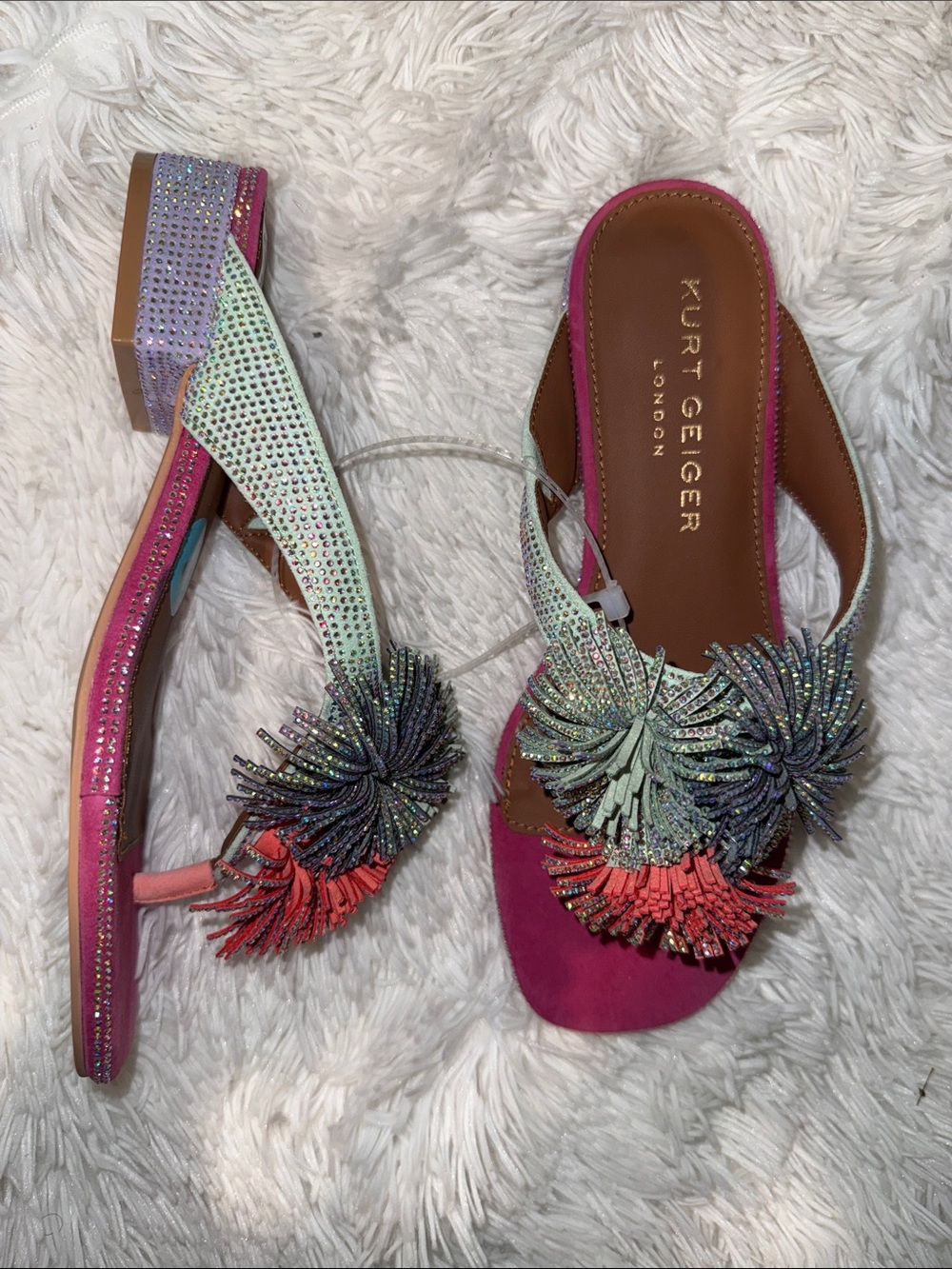 Kurt Geiger Pink and Mint Pom-Pom Embellished Slingback Mules